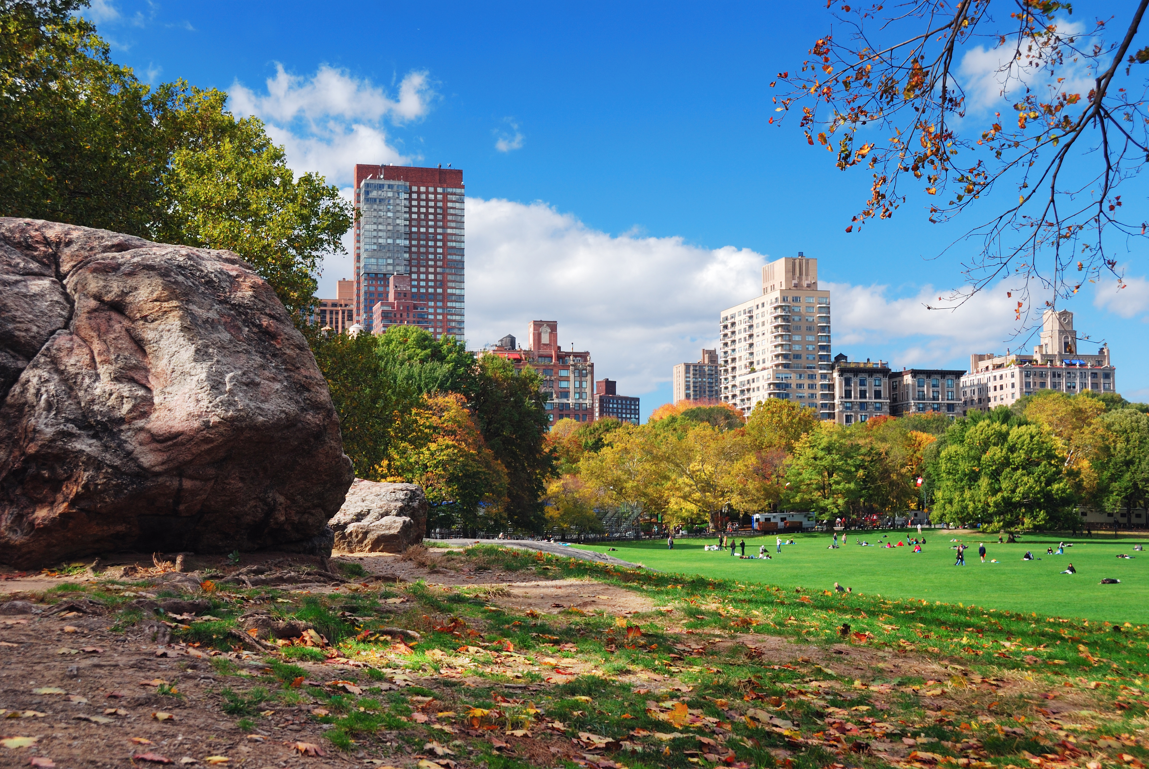 New York City Manhattan Central Park panorama in Autumn with colorful trees and skyscrapers.