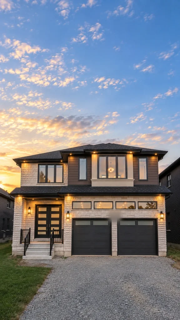 Two-storey new home at dusk with exterior lights on