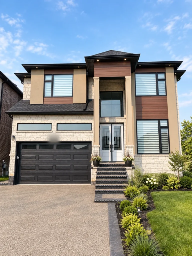 Modern two-storey home with wood-look accents and a double garage