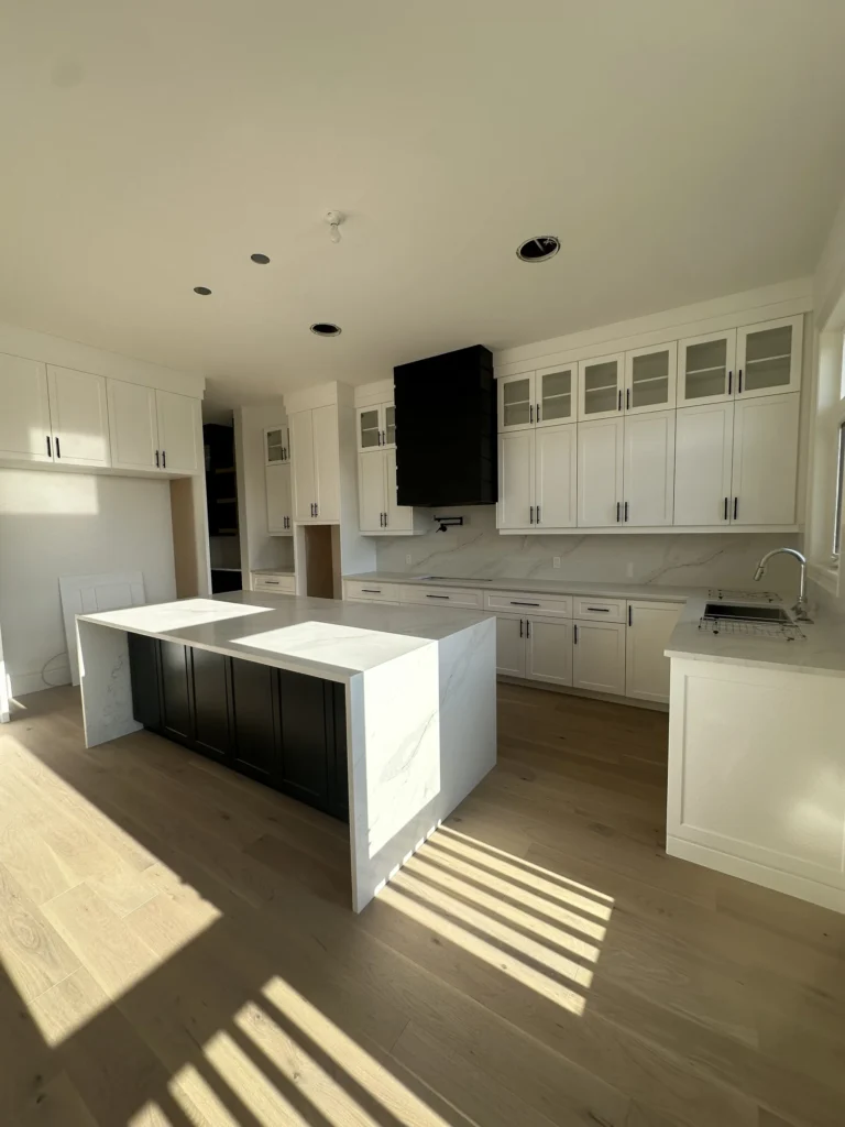 Kitchen island with quartz countertop in natural afternoon light