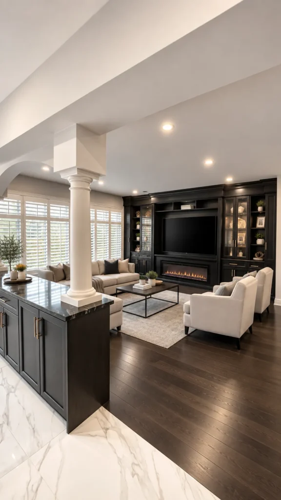 Virtually staged living room with dark hardwood and built-in wall unit