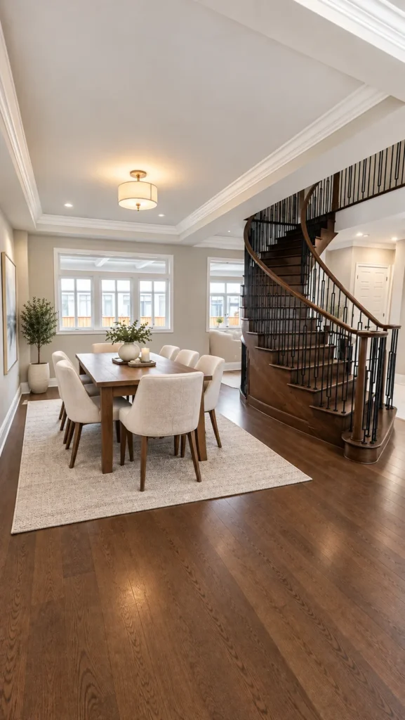 Virtually staged dining room next to a dark wood staircase