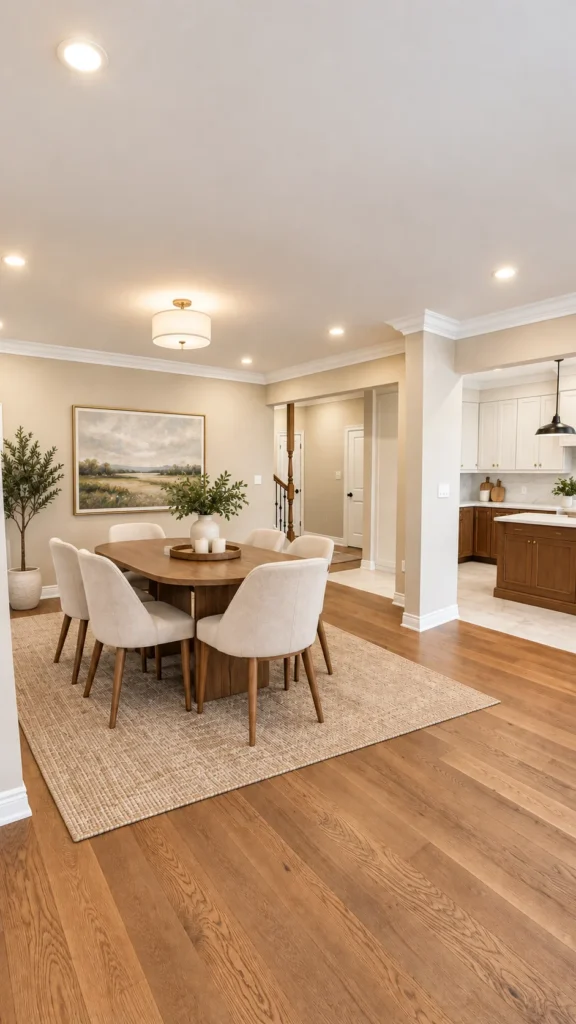 Virtually staged dining room with round table and hardwood floor